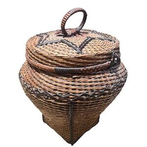 Vintage Snake Charmer Basket 13" Tall, Round Clasp lid w/Star Square Bottom